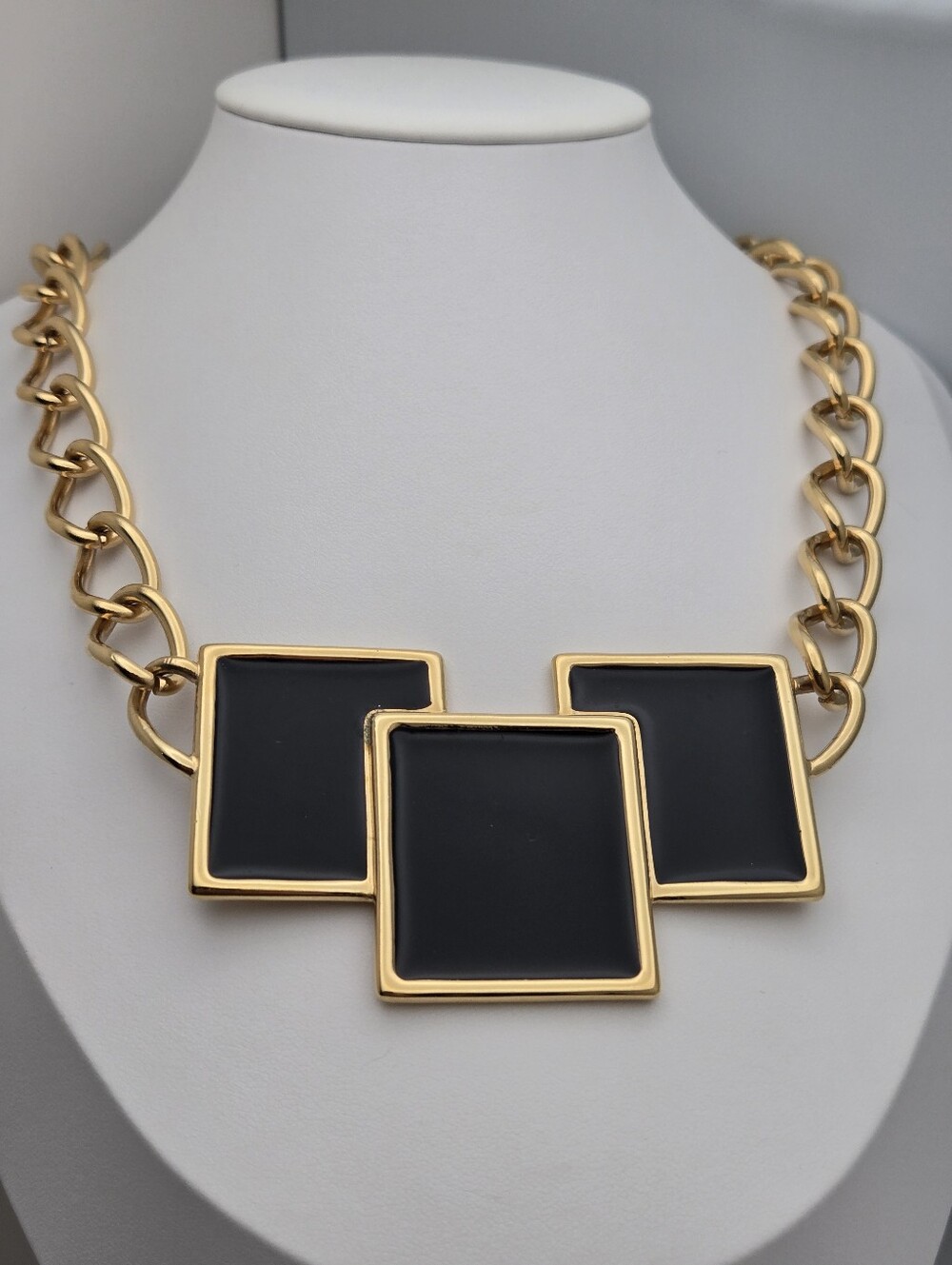 Monet 1980s Black Enamel Geometric Statement Necklace Gold Tone Curb Chain 26"